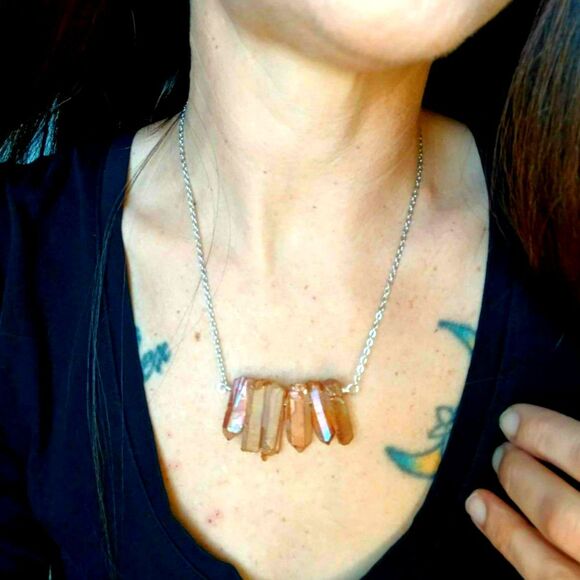 Dyed Orange Aura Quartz Crystal Point Necklace, Stainless Boho Statement 18" - Picture 2 of 7